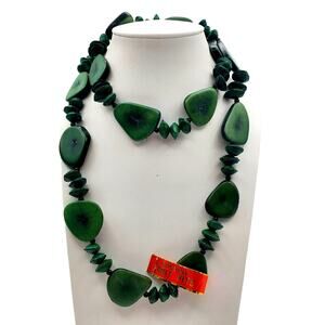 Green Wood Slab Necklace Fruit Pit Chunky Long Boho Statement Natural Beads 60s